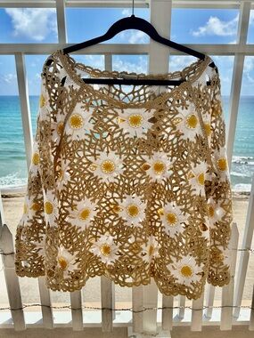 Cato Crocheted Openwork Sweater in Tan, White & Yellow